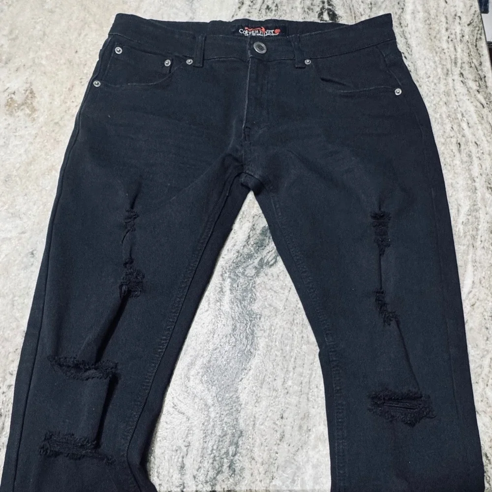 Copper Rivet Jeans Mens 32x32 Distressed Ripped Denim Black Streetwear Biker Y2K